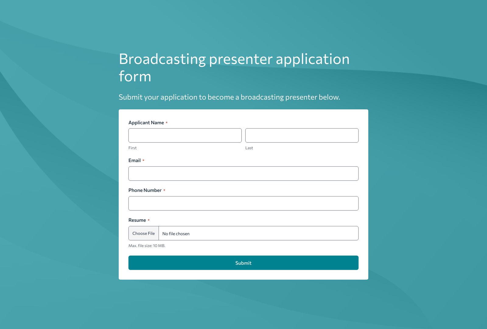 Broadcasting Presenter Job Application Form Template with fields for personal details, experience, and submit button.