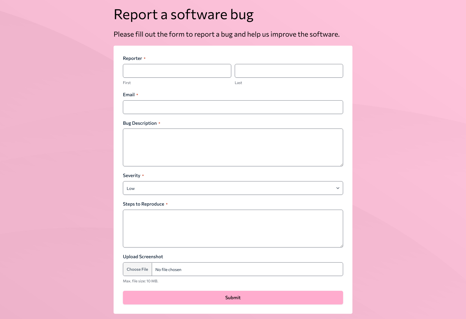 Bug Tracker & Reporting Form Template with fields for bug details and submission button.