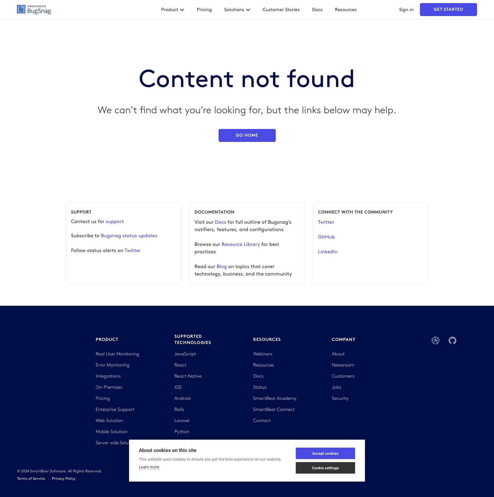 Bugsnag 404 Not Found Landing Page Example
