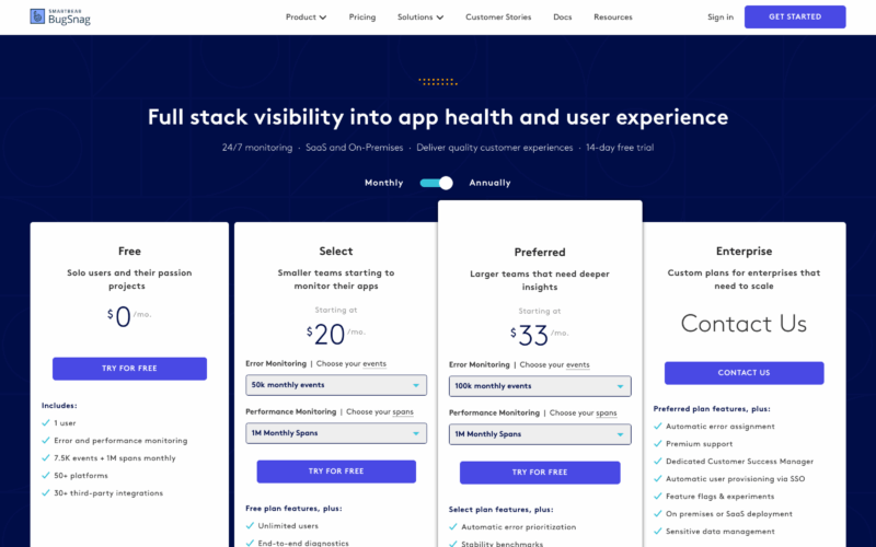 Bugsnag Pricing Landing Page Example