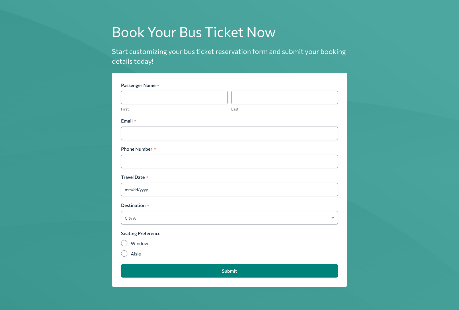Bus Ticket Booking Form Template showing fields for passenger details, journey dates, and payment options.