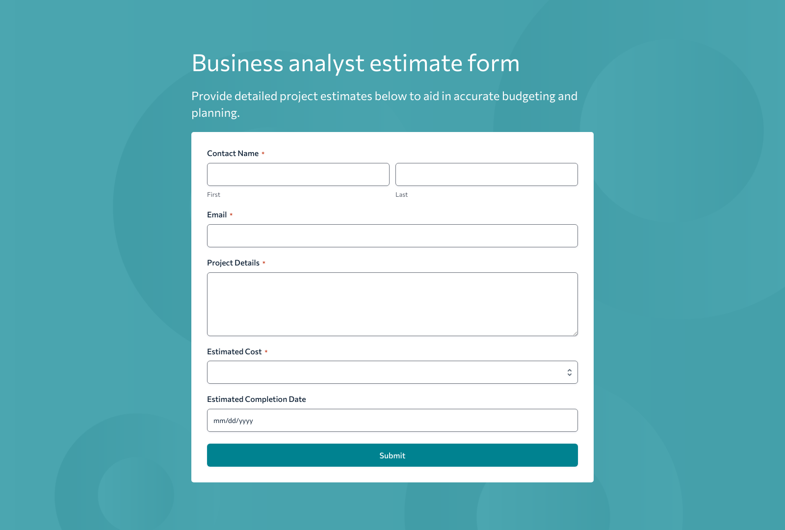 Business Analyst Estimate Form Template with fields for project details and estimation inputs.