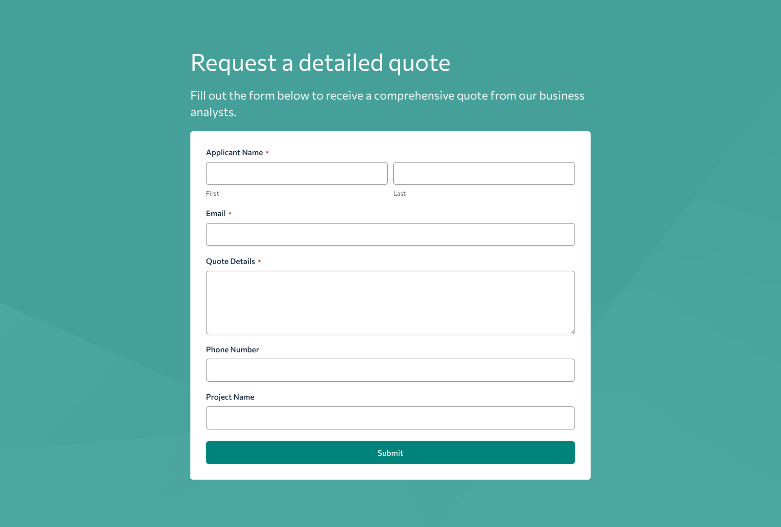 Business Analyst Quote Form Template with fields for name, email, and detailed quote input for marketers.