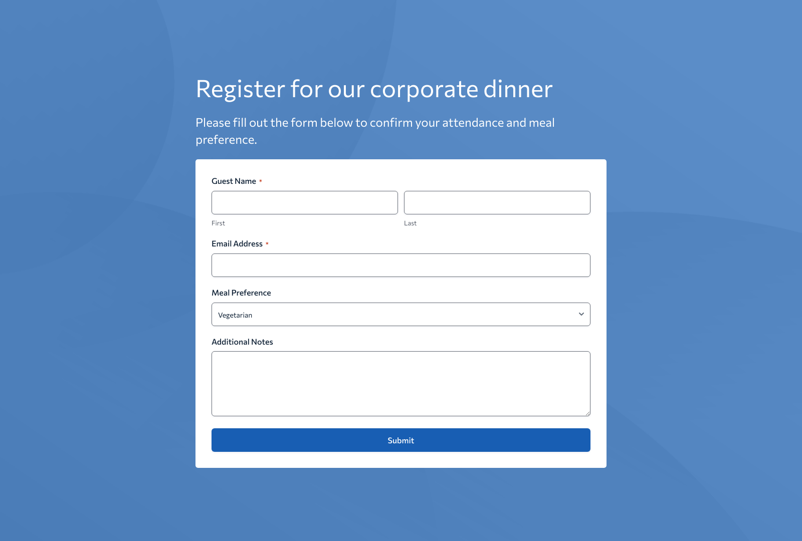 Business dinner registration form template with fields for name, email, and RSVP options.