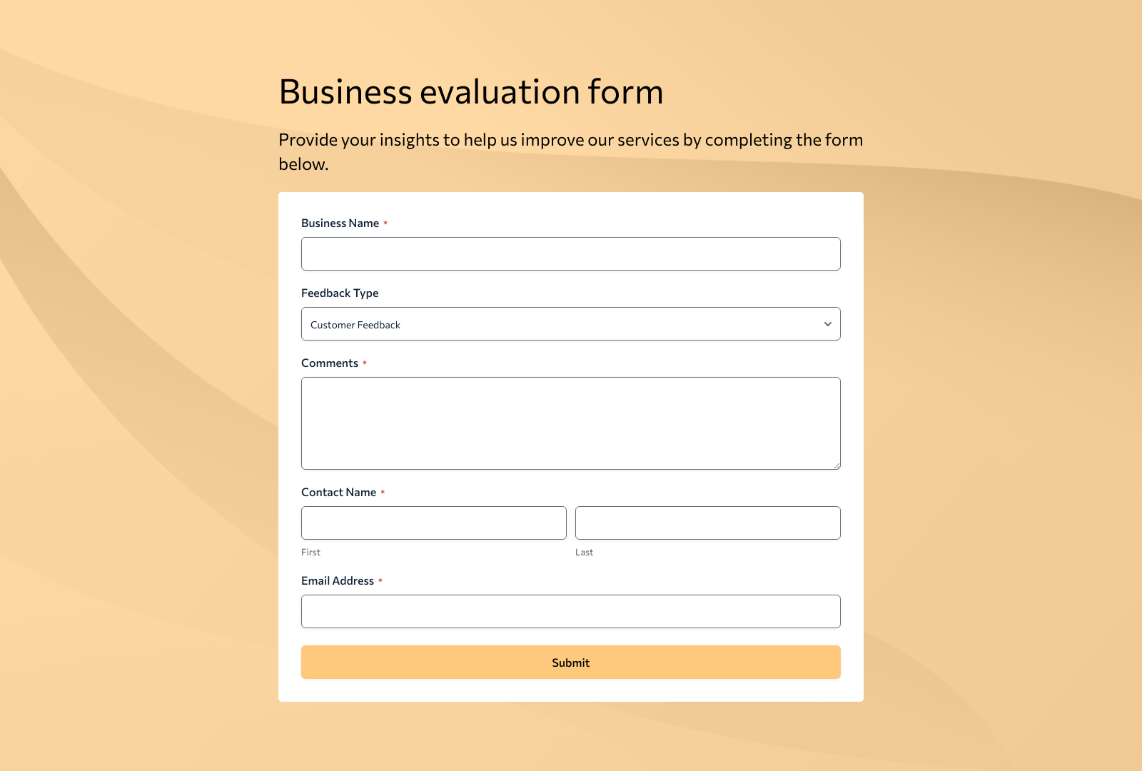 Screenshot of Business Evaluation Form Template with input fields and submit button.