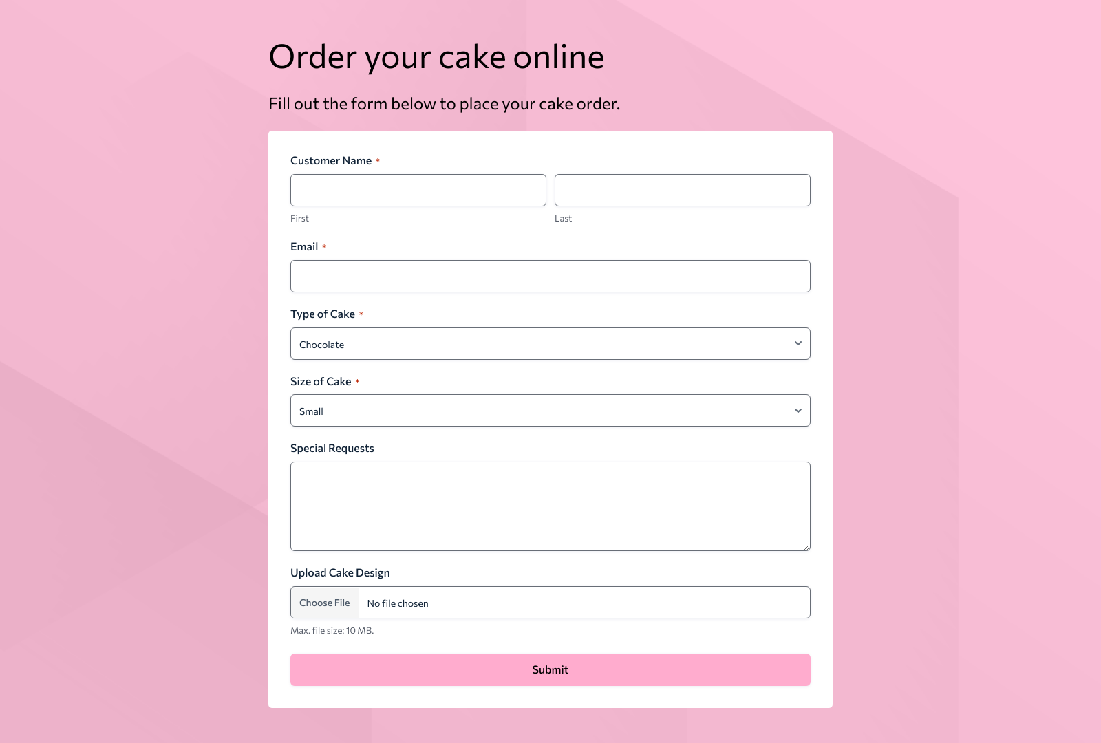Screenshot of Cake Order Form Template with fields for flavor, size, and payment details.
