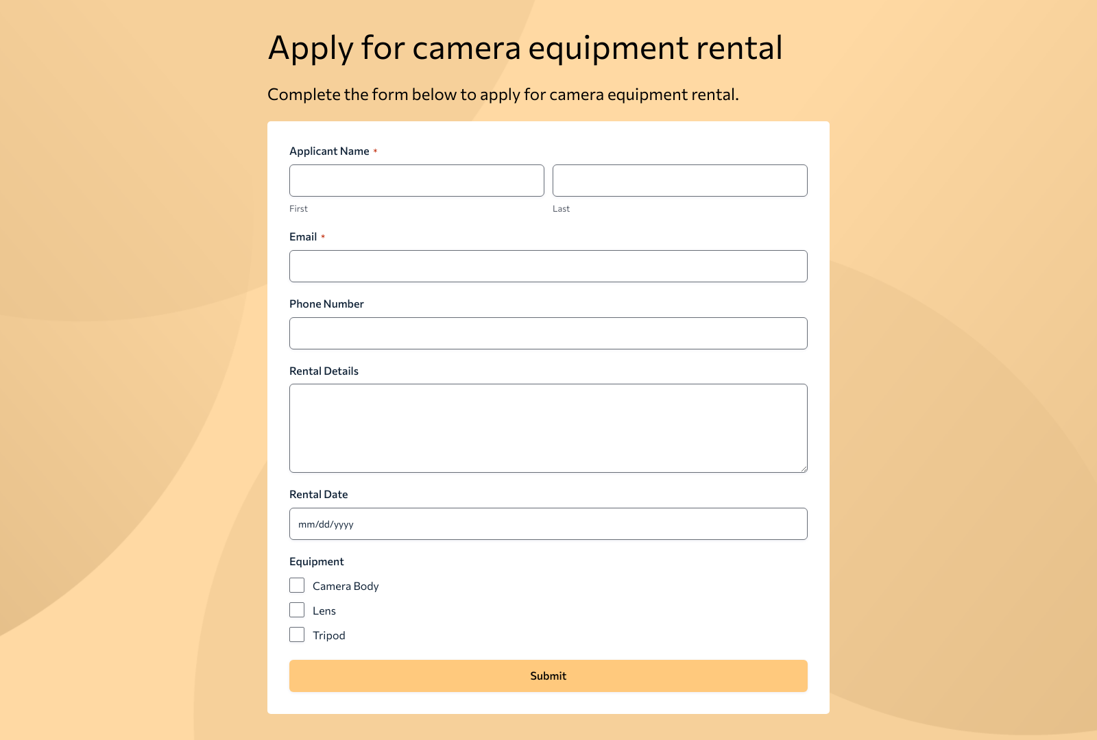 Camera Equipment Rental Application Form Template with fields for applicant details and submit button.