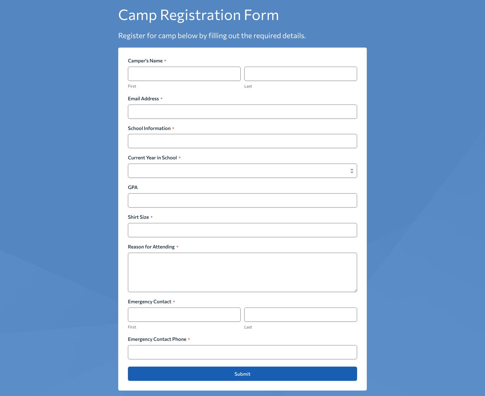 Camp Registration Form Template with fields for personal details, emergency contacts, and preferences.