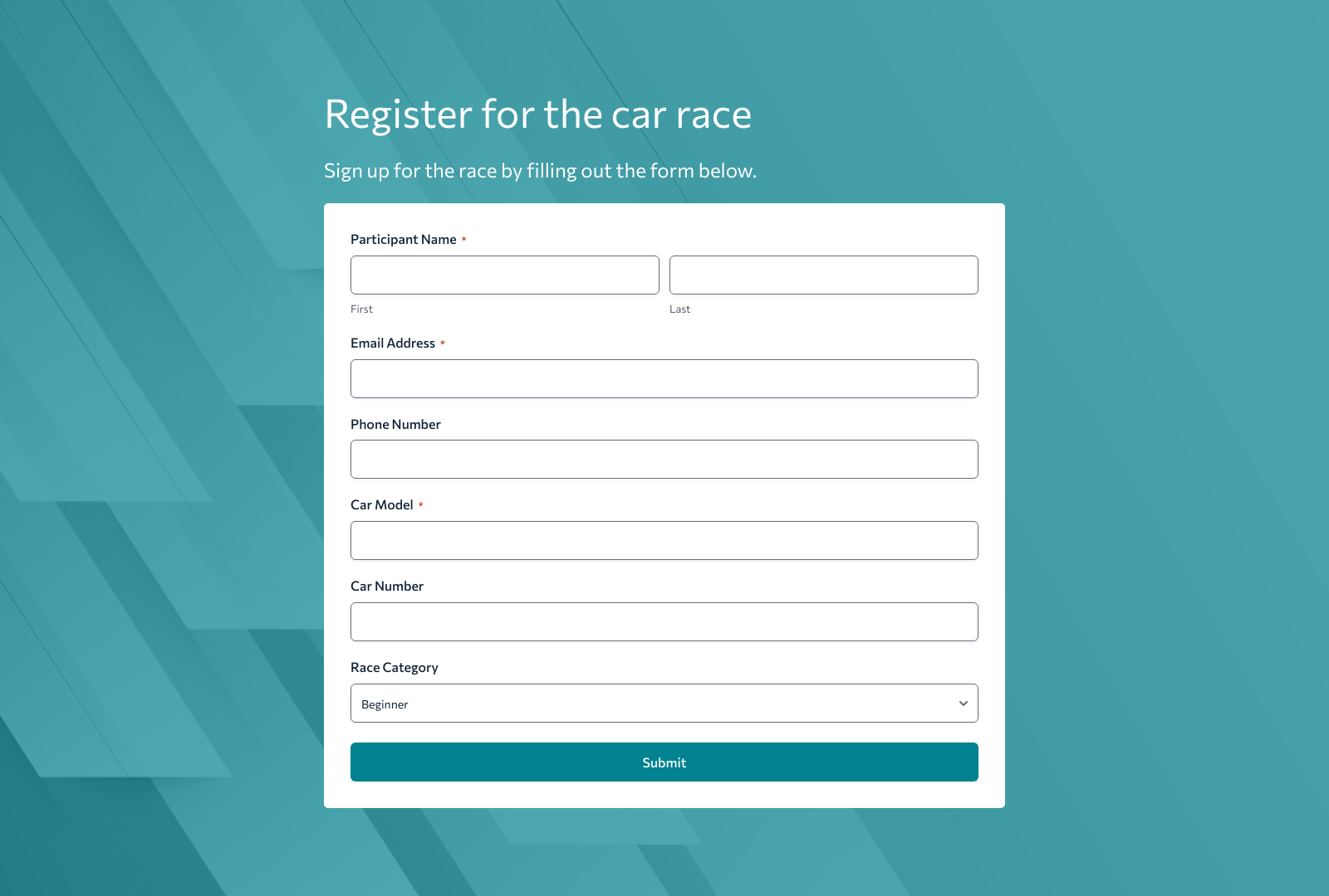 Car Race Registration Form Template with fields for participant name, contact, and car details.