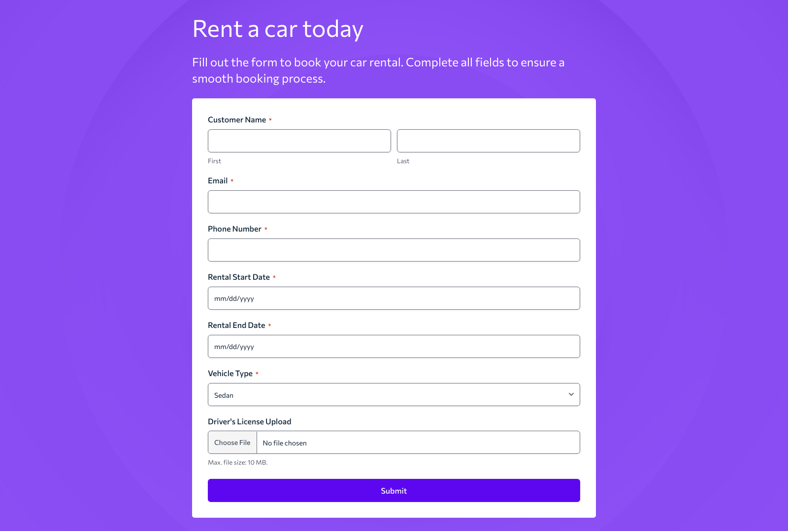 Car Rental Booking Form Template with fields for client data and booking details.