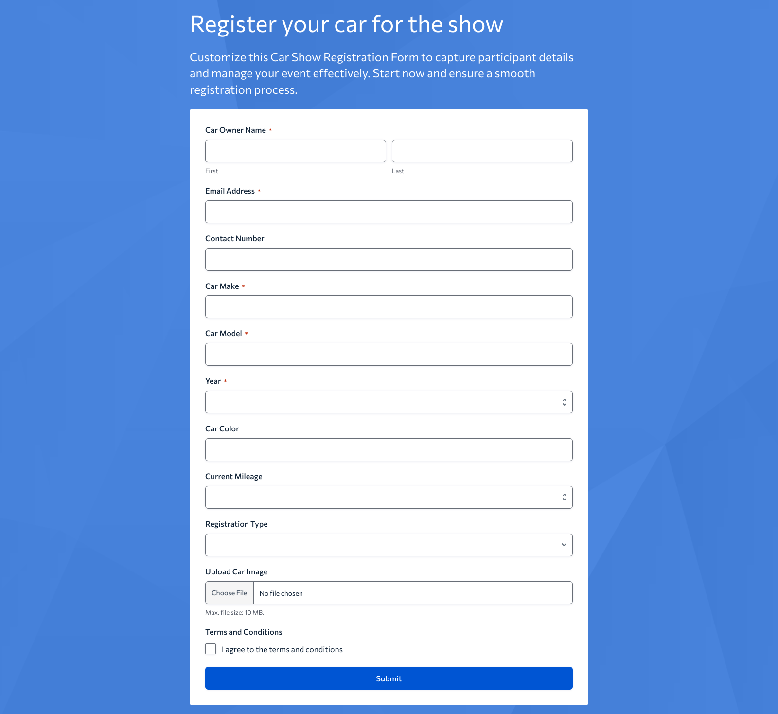 Car Show Registration Form Template – Woorise
