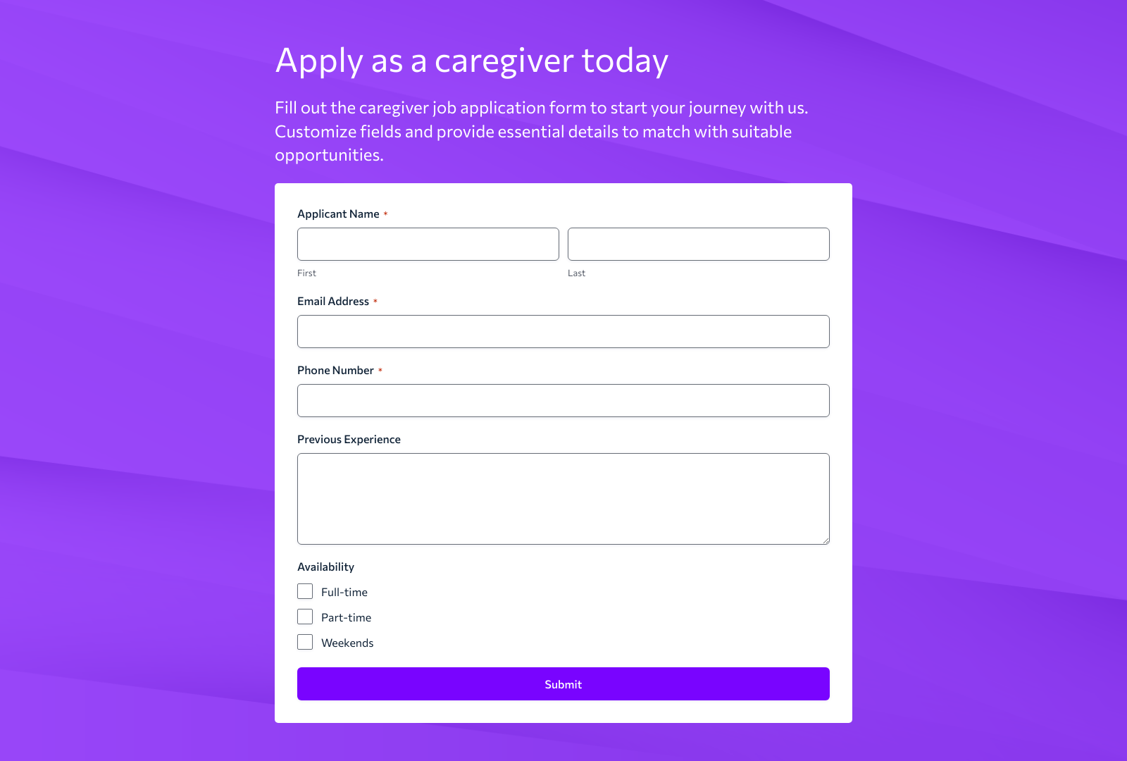 Caregiver Job Application Form Template with fields for applicant details and submission button.