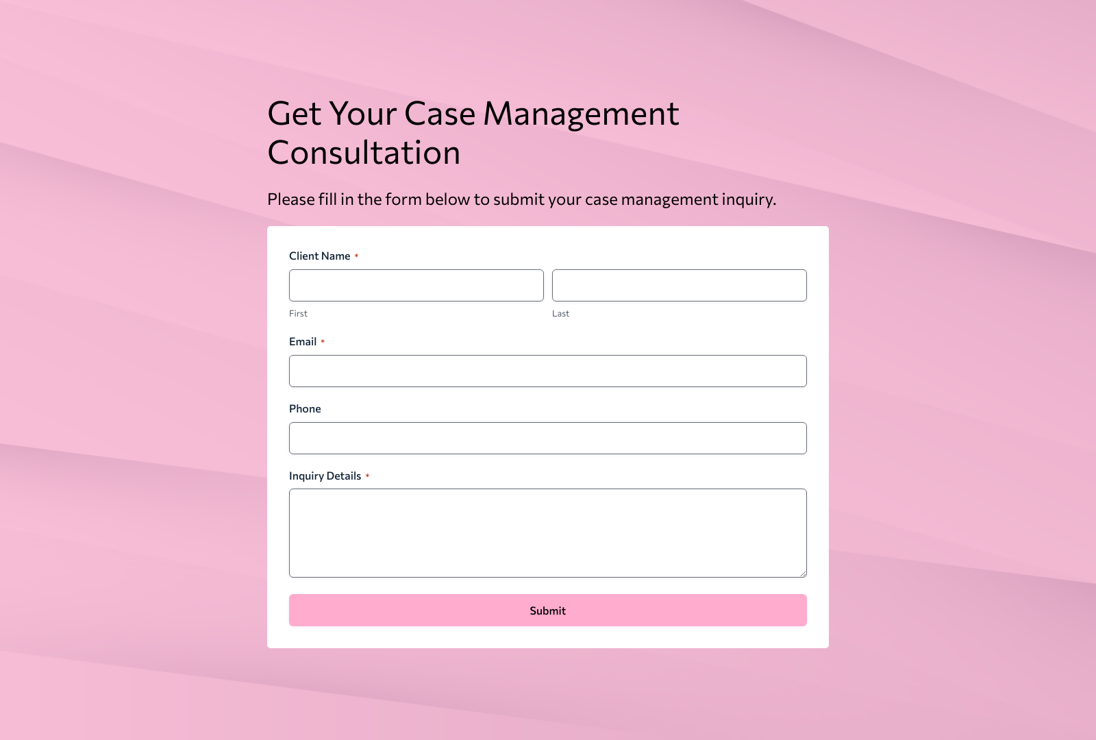 Case Management Consultation Form Template showing input fields, submit button, and clean layout.