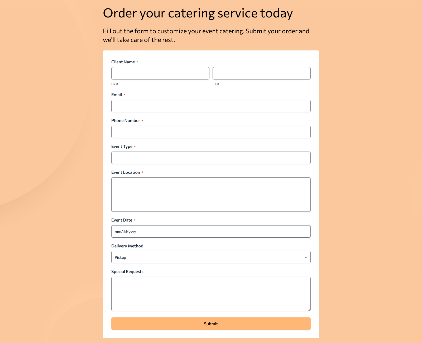 Catering Order Form Template with fields for event details, delivery options, and booking buttons.