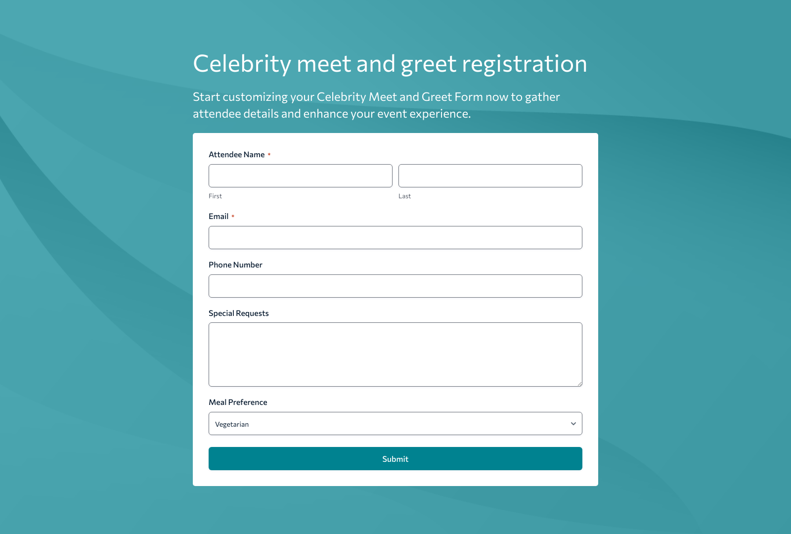 Celebrity Meet And Greet Form Template showing attendee info fields and submit buttons.