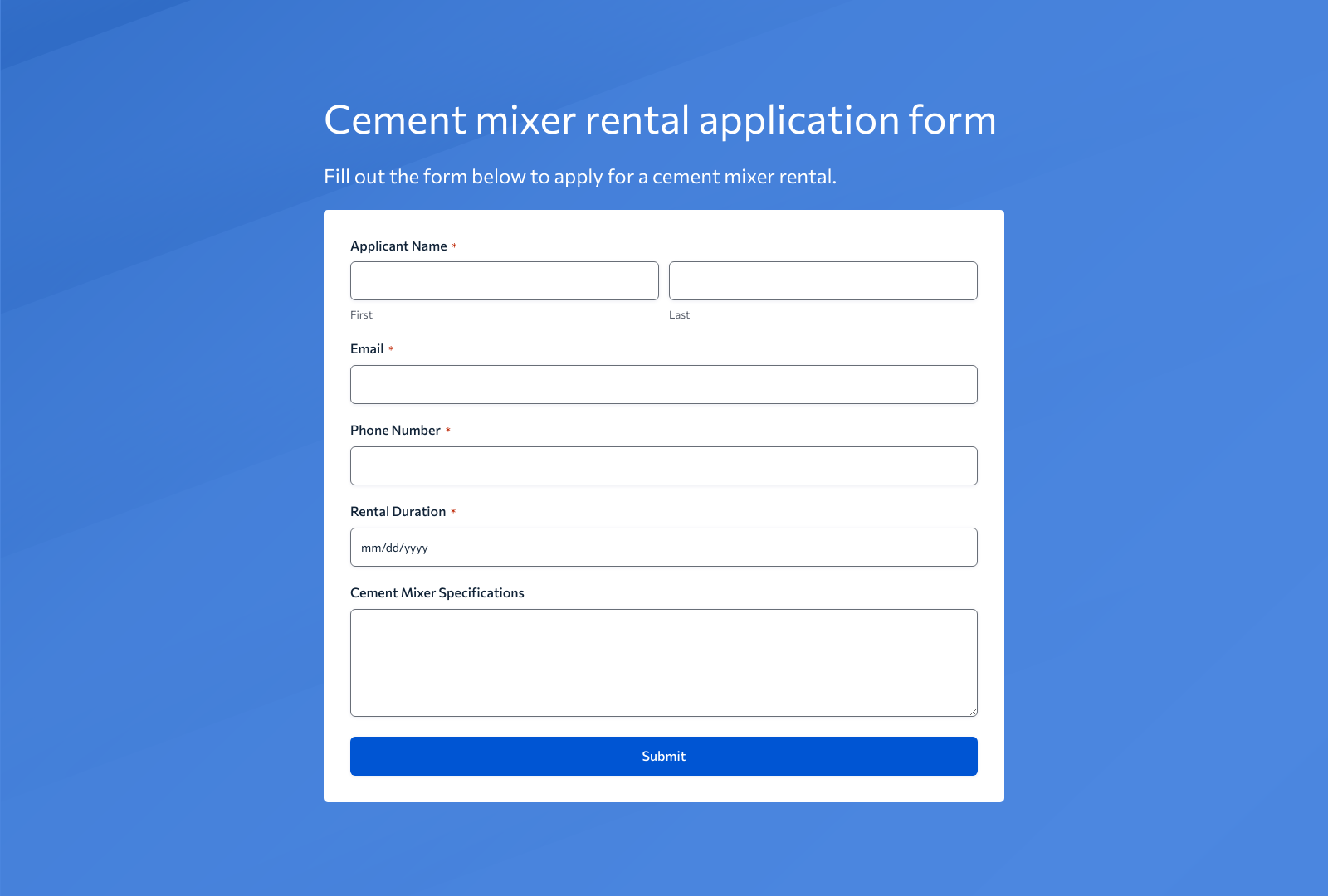 Cement Mixer Rental Application Form Template with fields for applicant data and submit button.