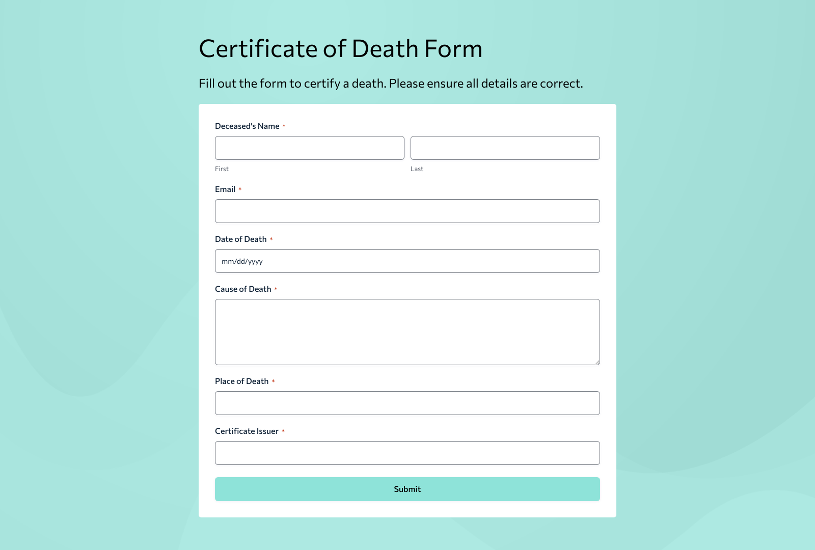 Certificate Of Death Form Template with fields for personal details and certification information.