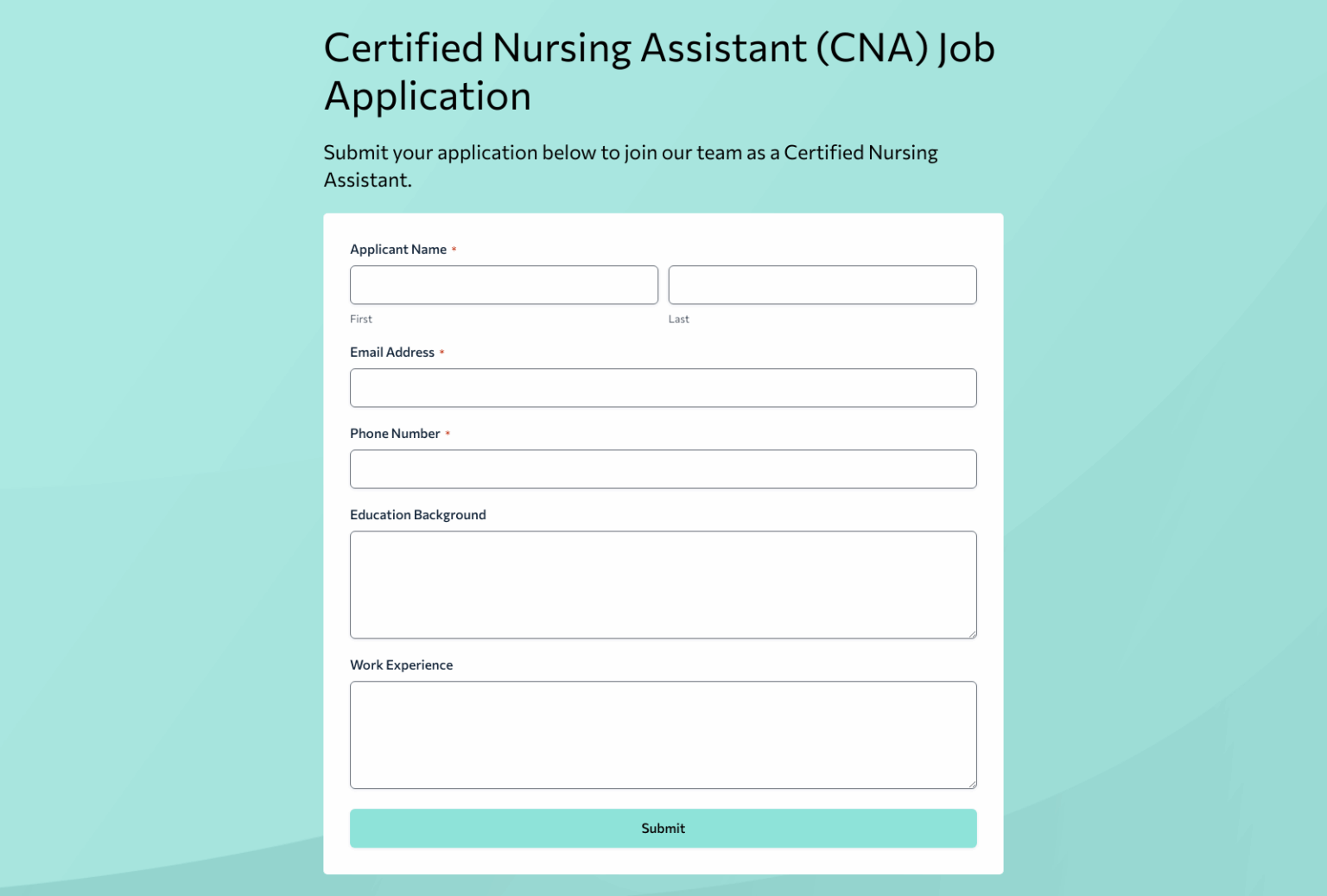 Certified Nursing Assistant (CNA) Job Application Form Template – Woorise
