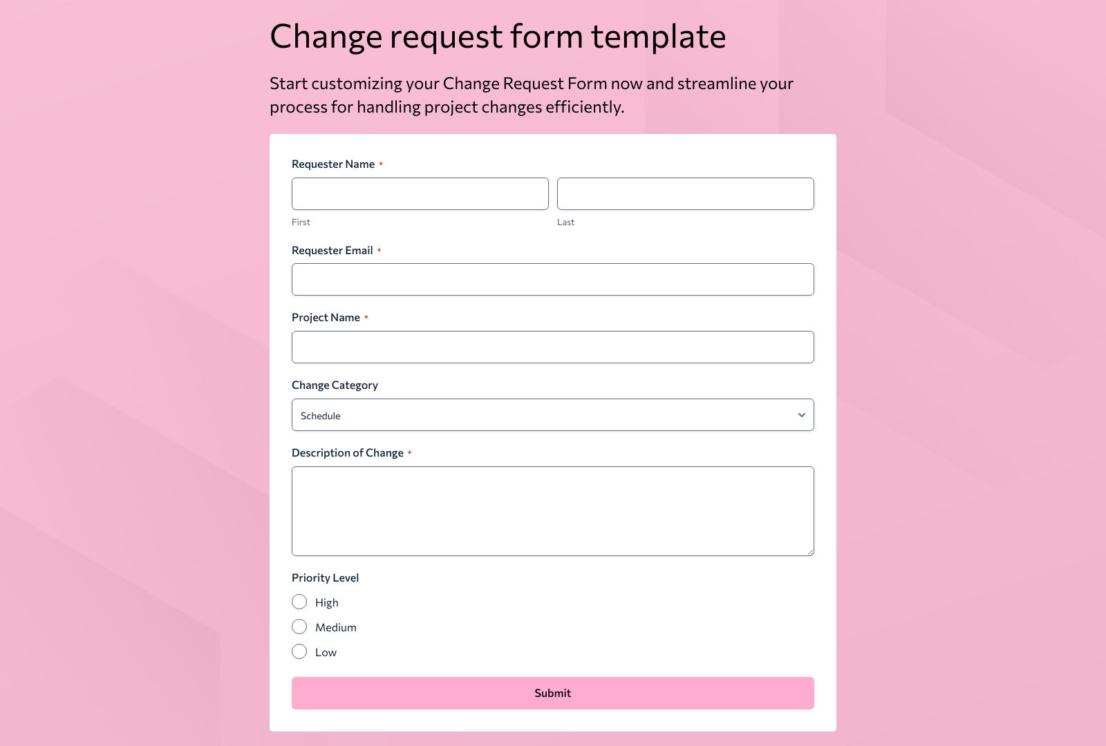 Change Request Form Template with fields for schedule, cost, scope, and resources.