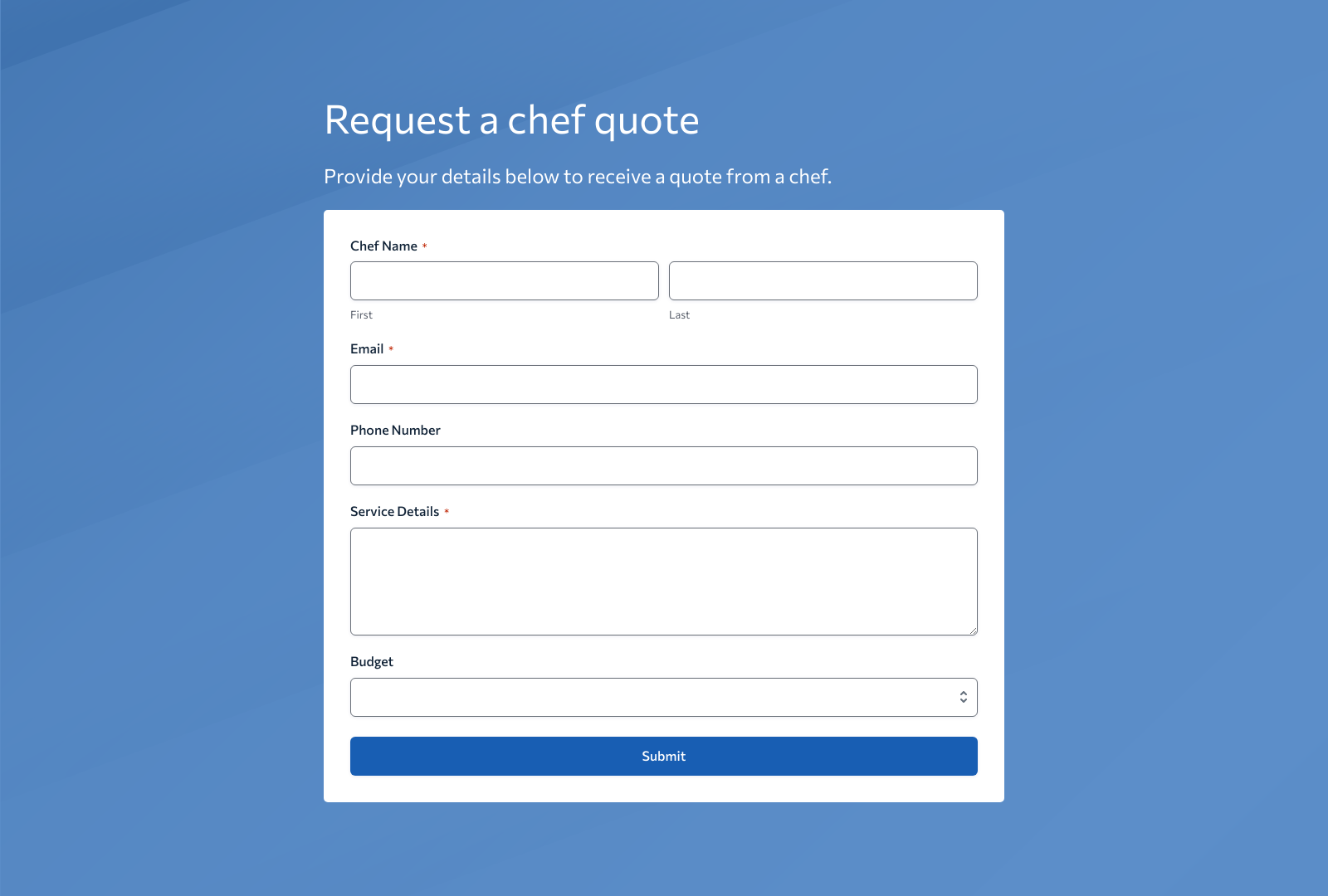 Chef Quote Form Template with fields for event details, chef services, and contact information.