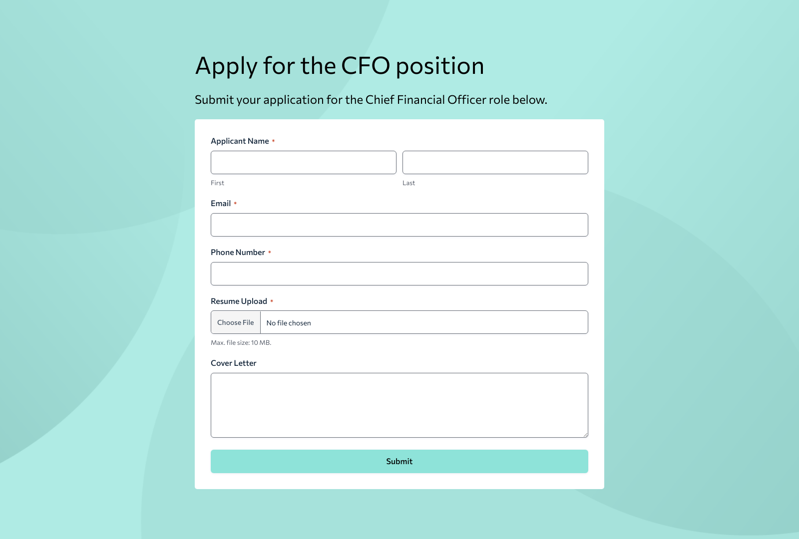 CFO Job Application Form Template with fields for name, email, resume upload, and submit button.