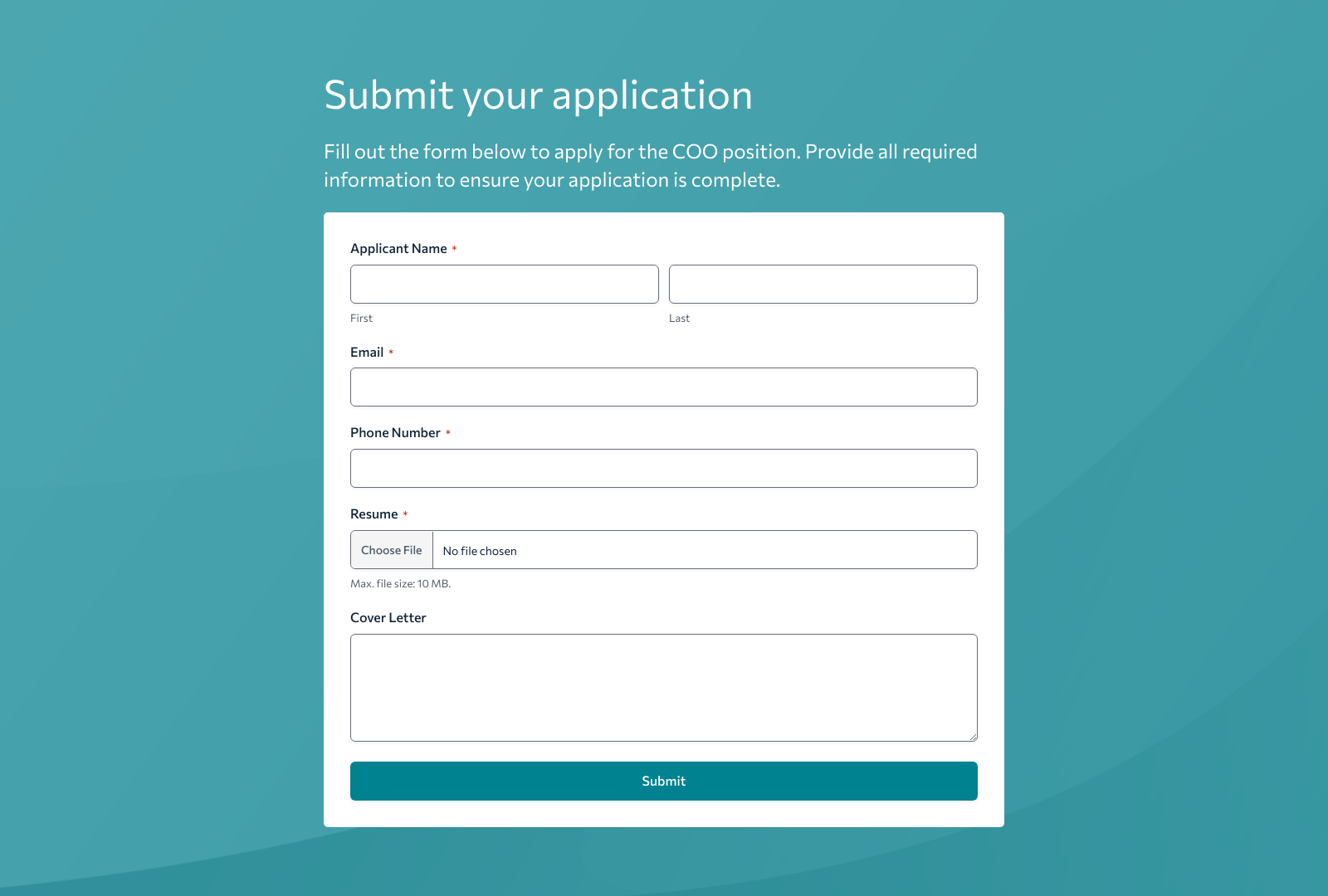 COO Job Application Form template showing fields for name, email, resume upload, and submit button.