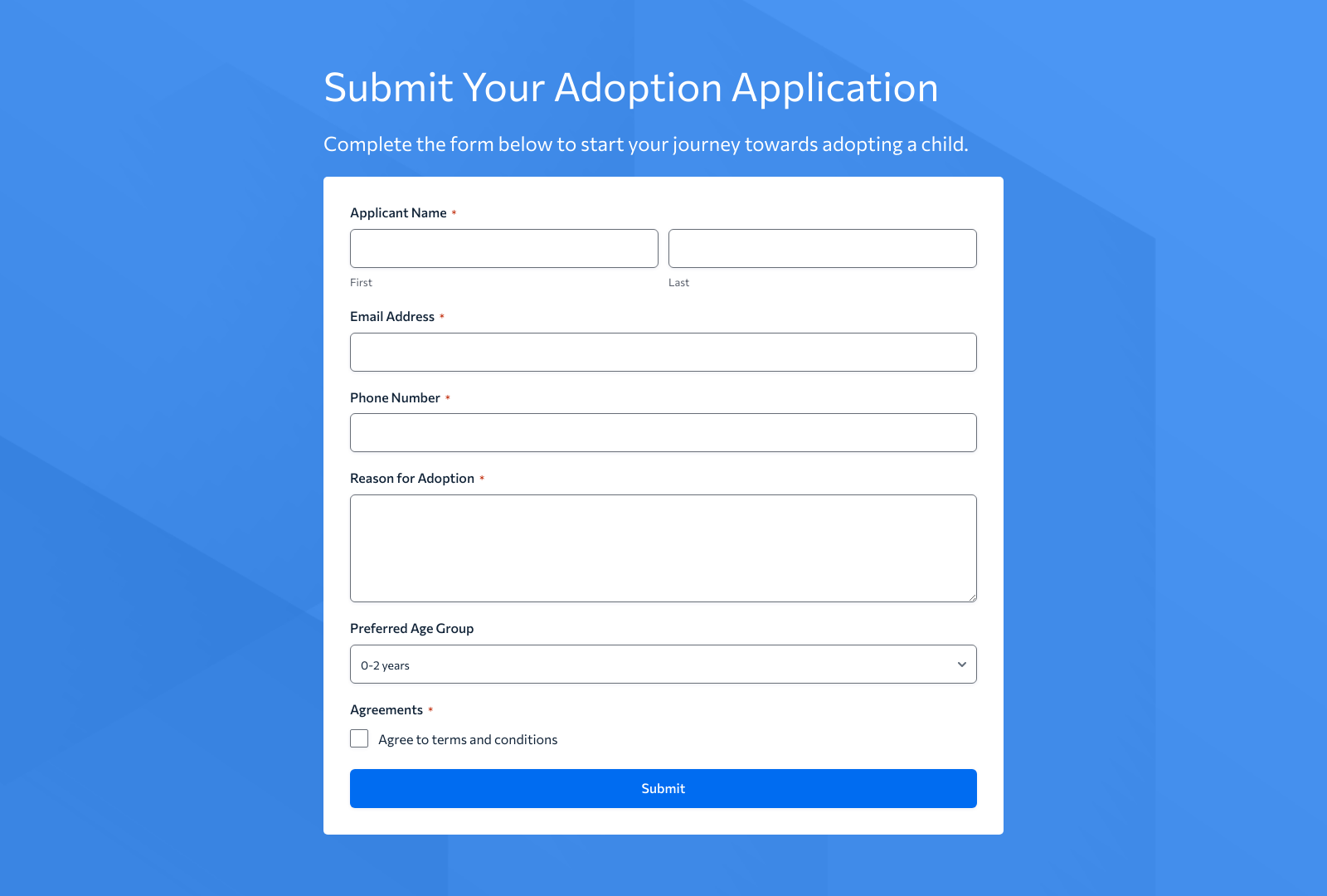 Child Adoption Application Form Template showing fields for applicant info, buttons, and a structured layout.