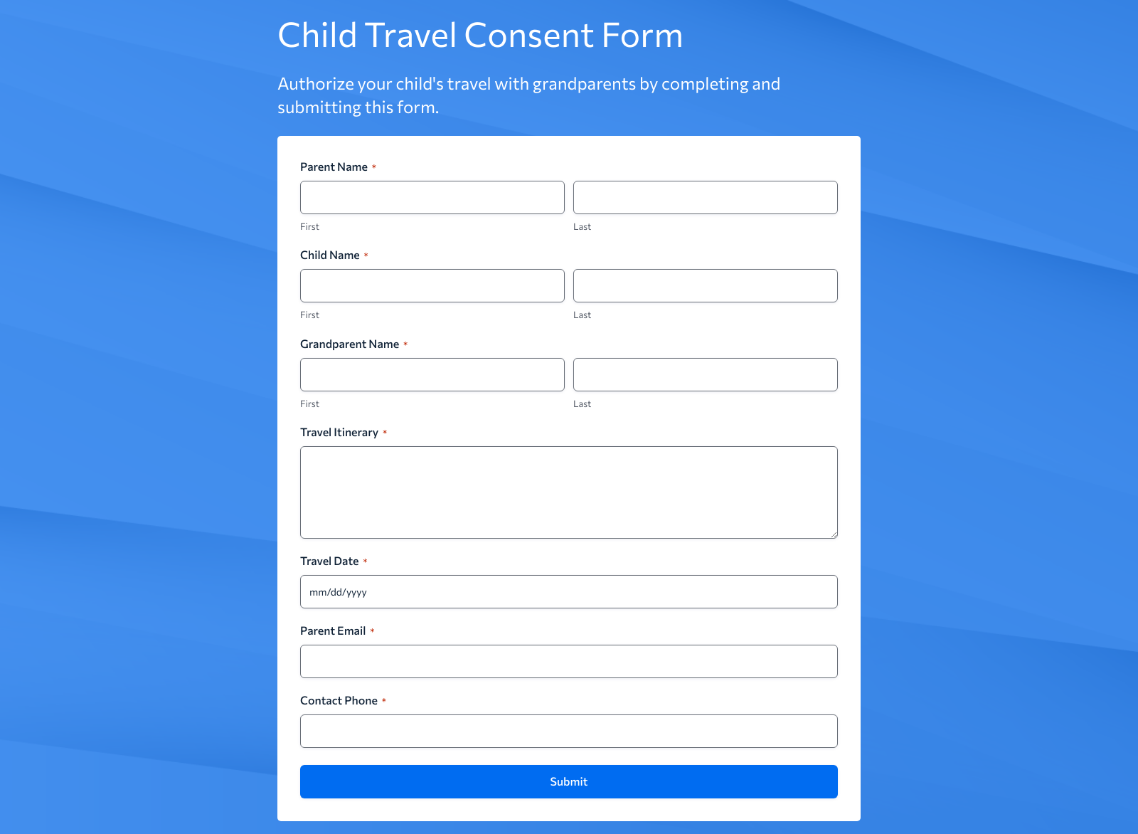 Child Traveling With Grandparent Consent Form Template showing fields for child details and guardian signatures.