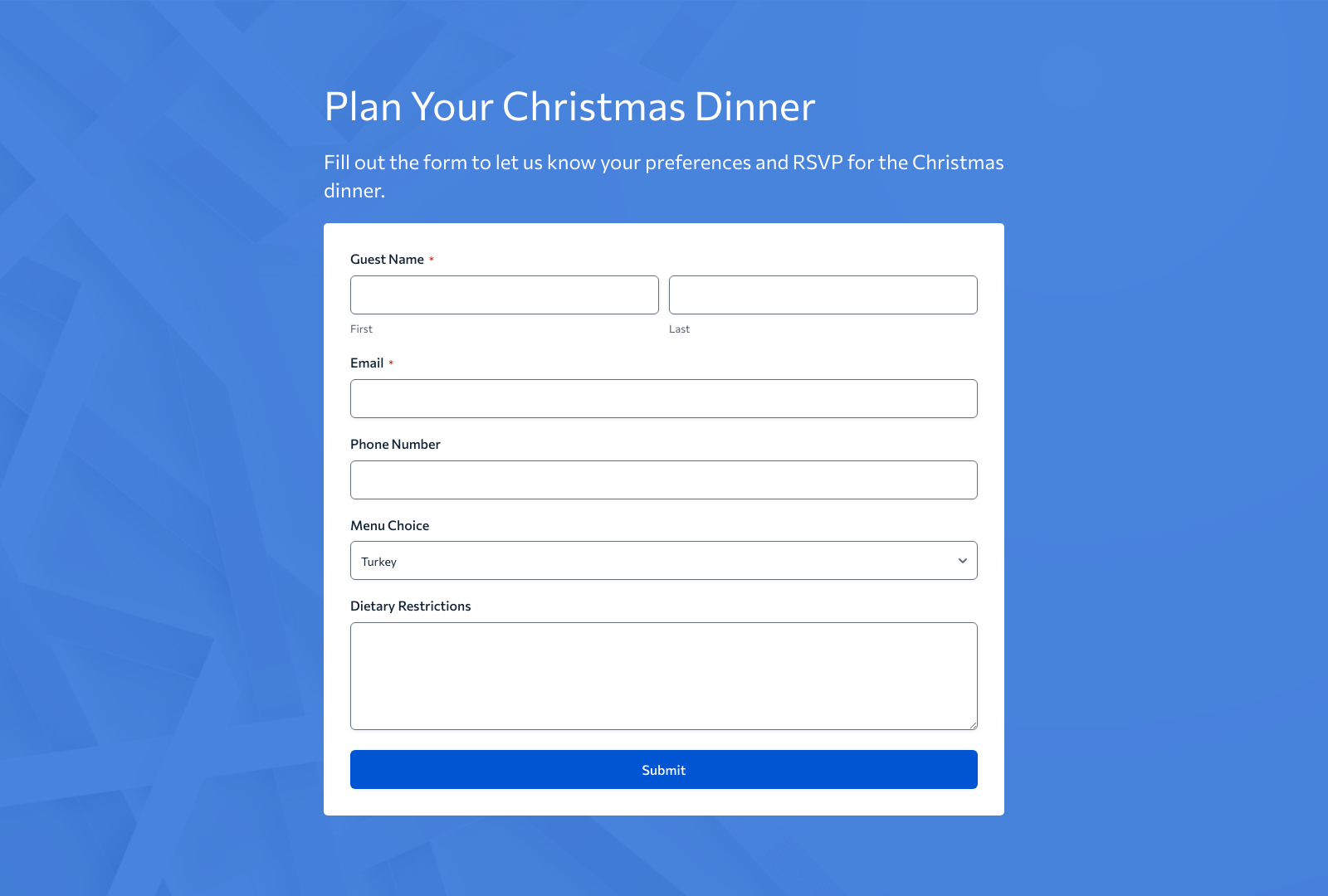 Woorise Christmas Dinner Organisation Template with fields for guest names and dietary preferences.