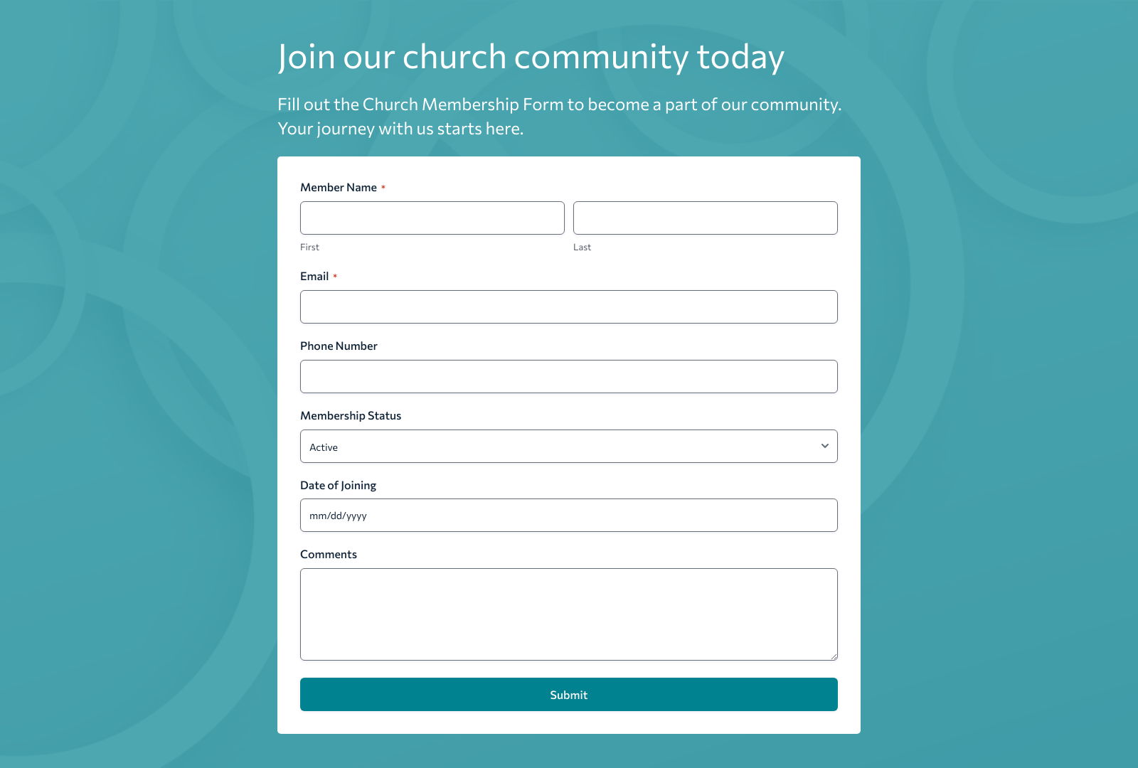 Church Membership Form Template with fields for personal details and membership status.