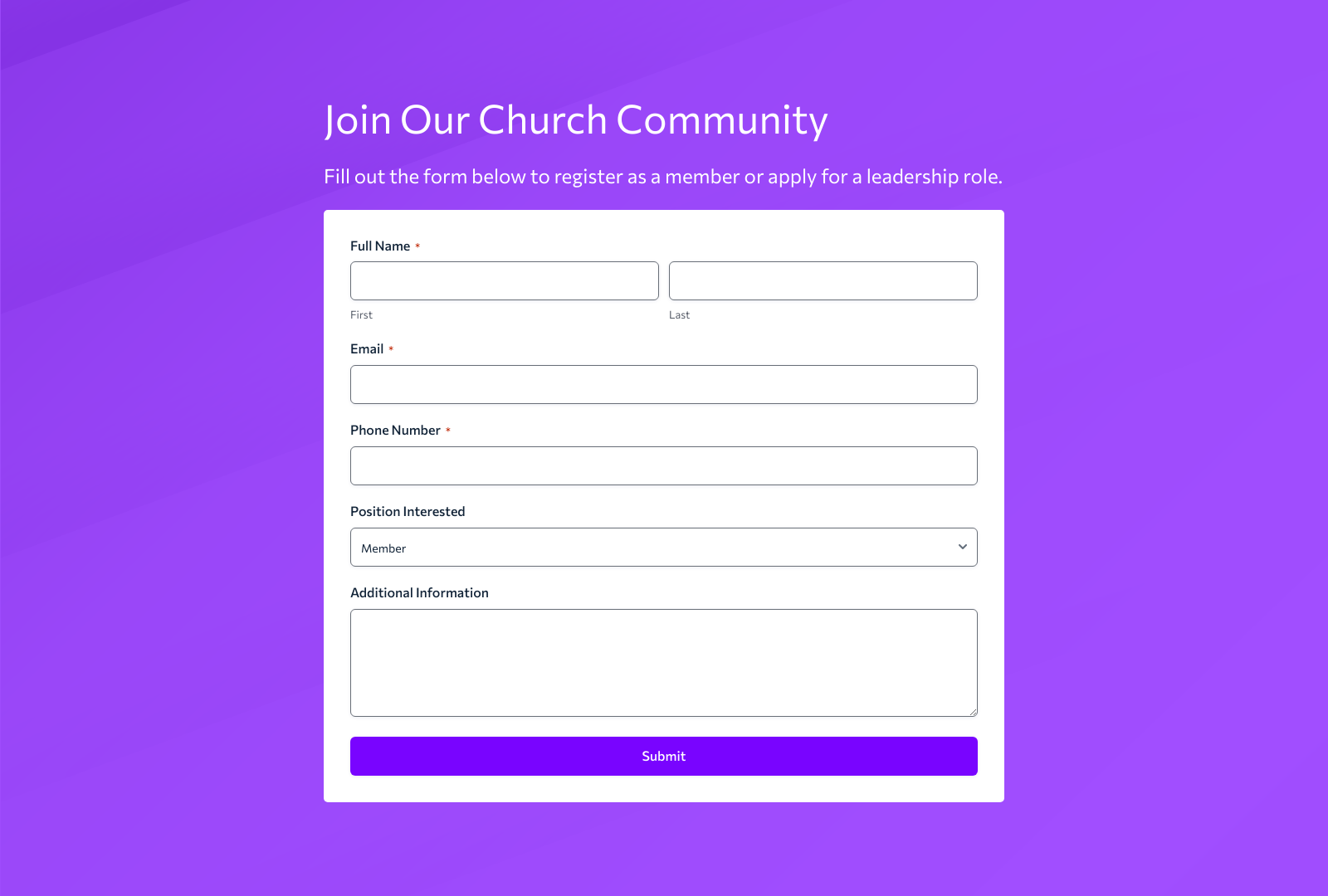 Church Registration Form Template with fields for member details and integration options.