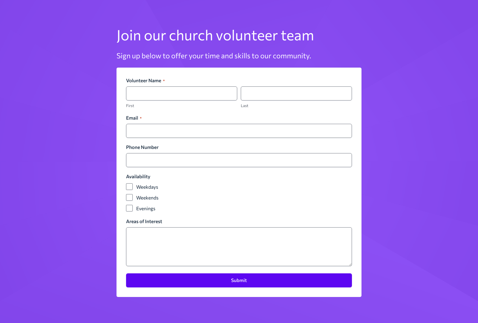 Church Volunteer Form Template with fields for name, availability, and interests.