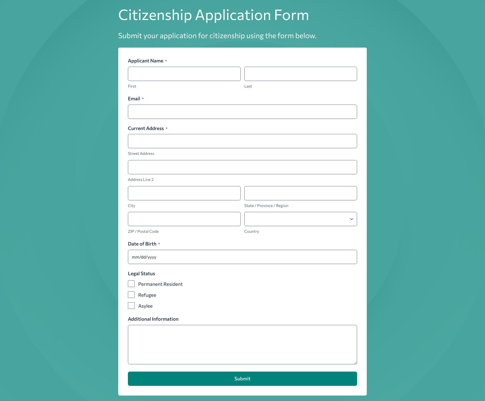 Citizenship Application Form Template with fields for personal information and application details.