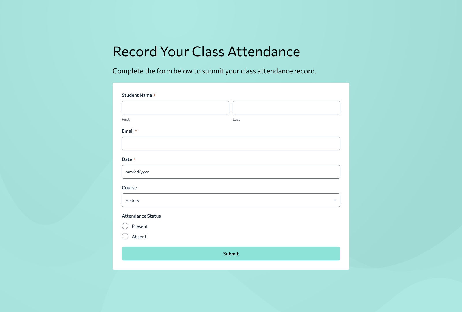 Class Attendance Form Template showing fields for student name, date, and participation status.