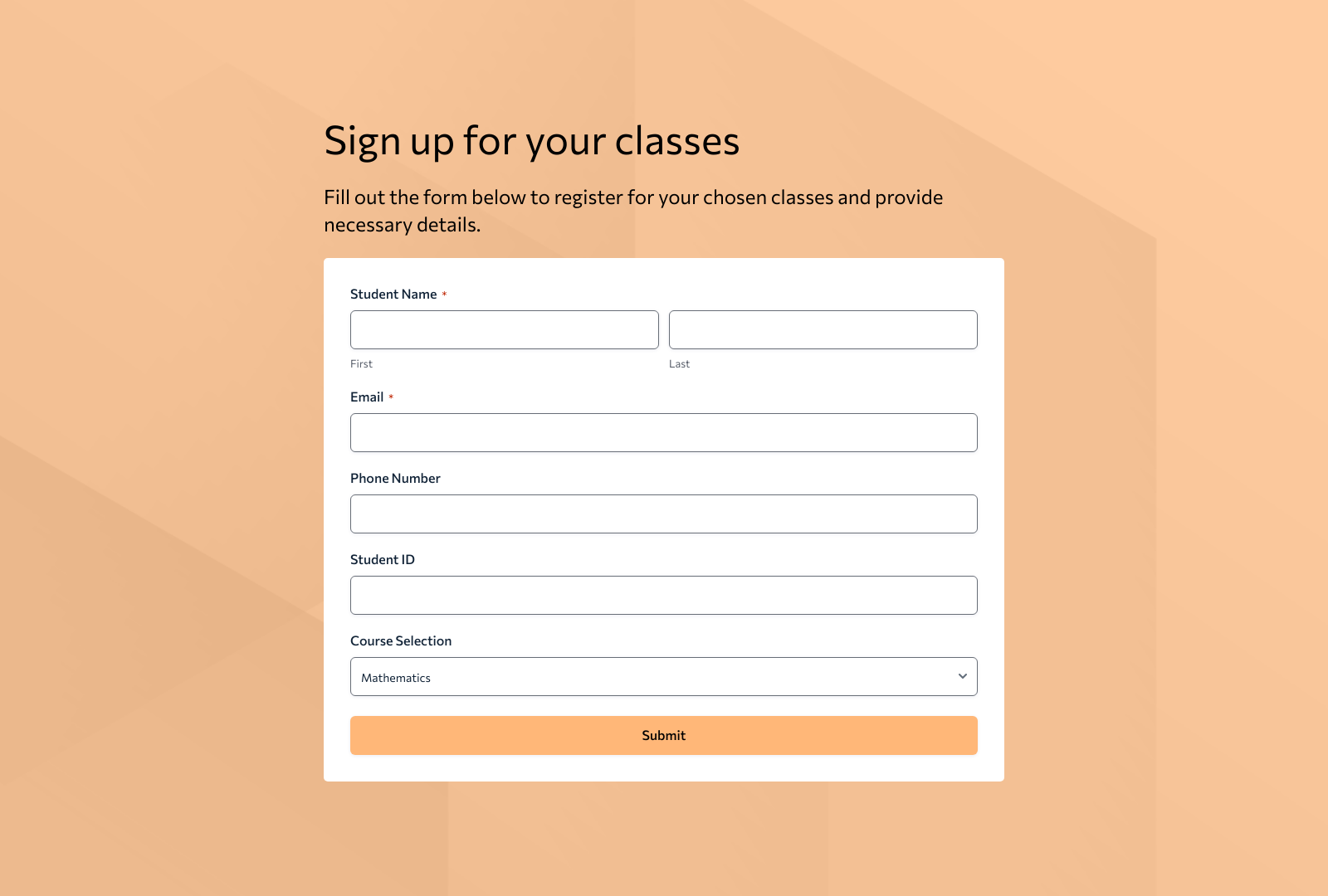 Screenshot of Class Registration Form Template with fields for student data and submit button.