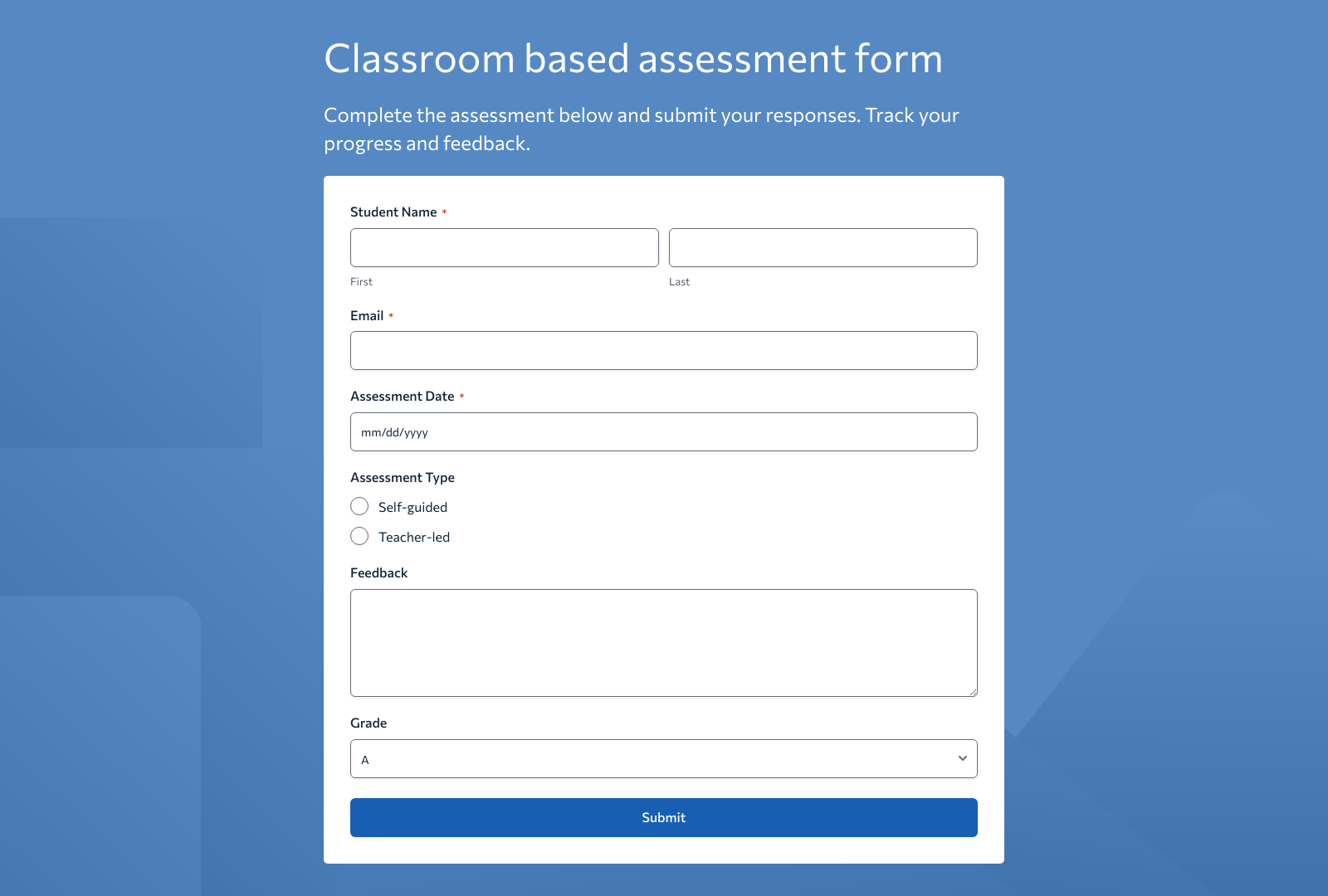 Classroom Based Assessment Form Template showing fields for student data and grading options.