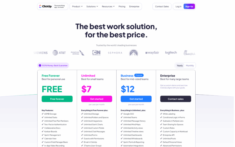 ClickUp Pricing Landing Page Example