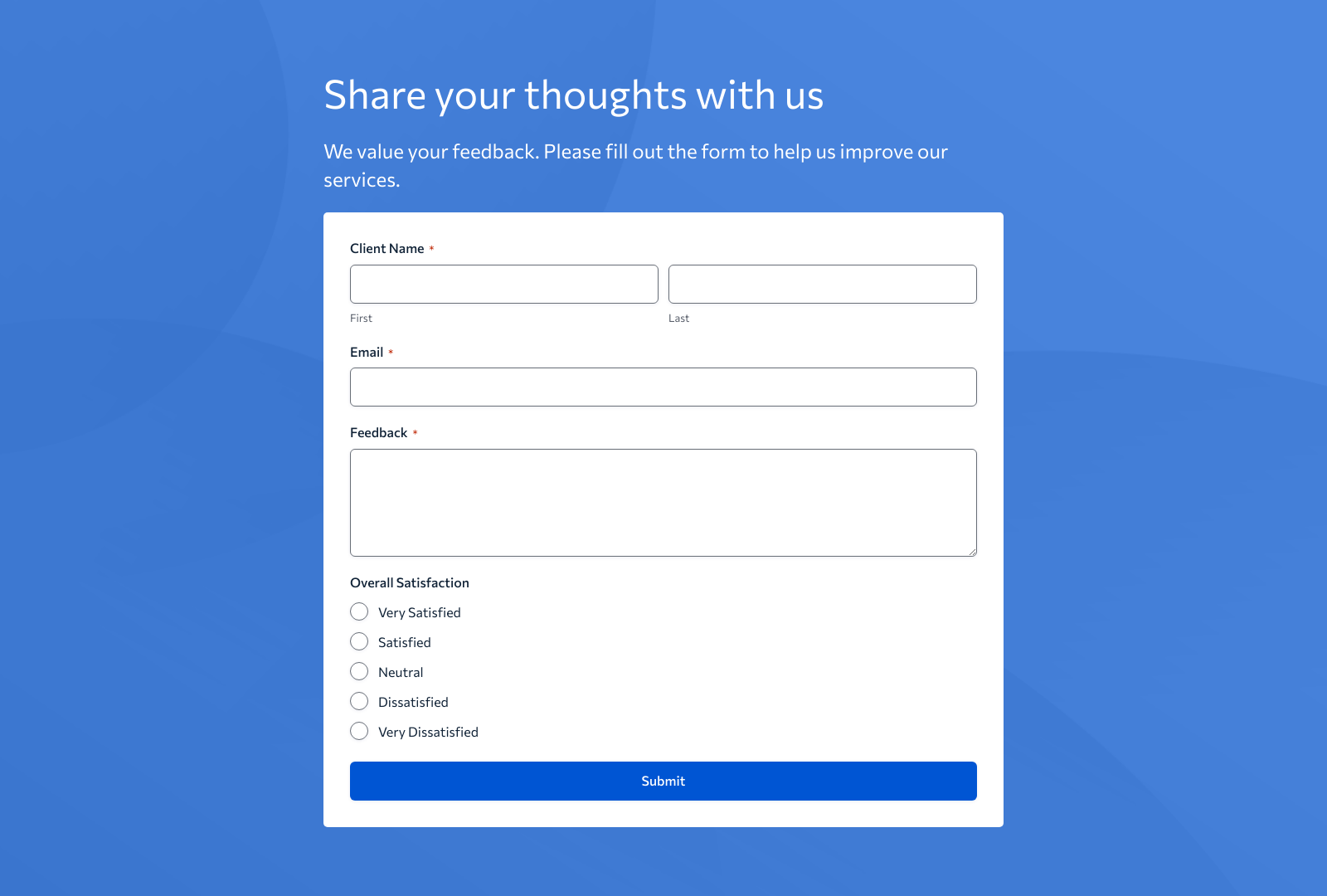 Client Feedback Form Template with fields for client name, email, feedback, and submit button.