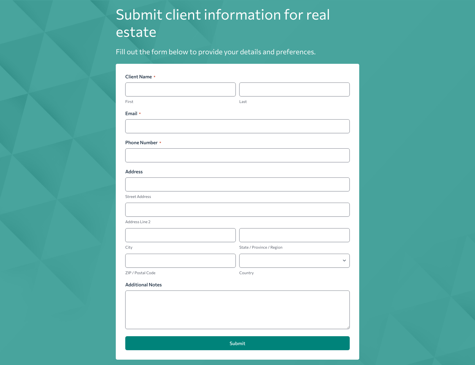Client Information For Real Estate Form Template with fields for name, contact, and property preferences.