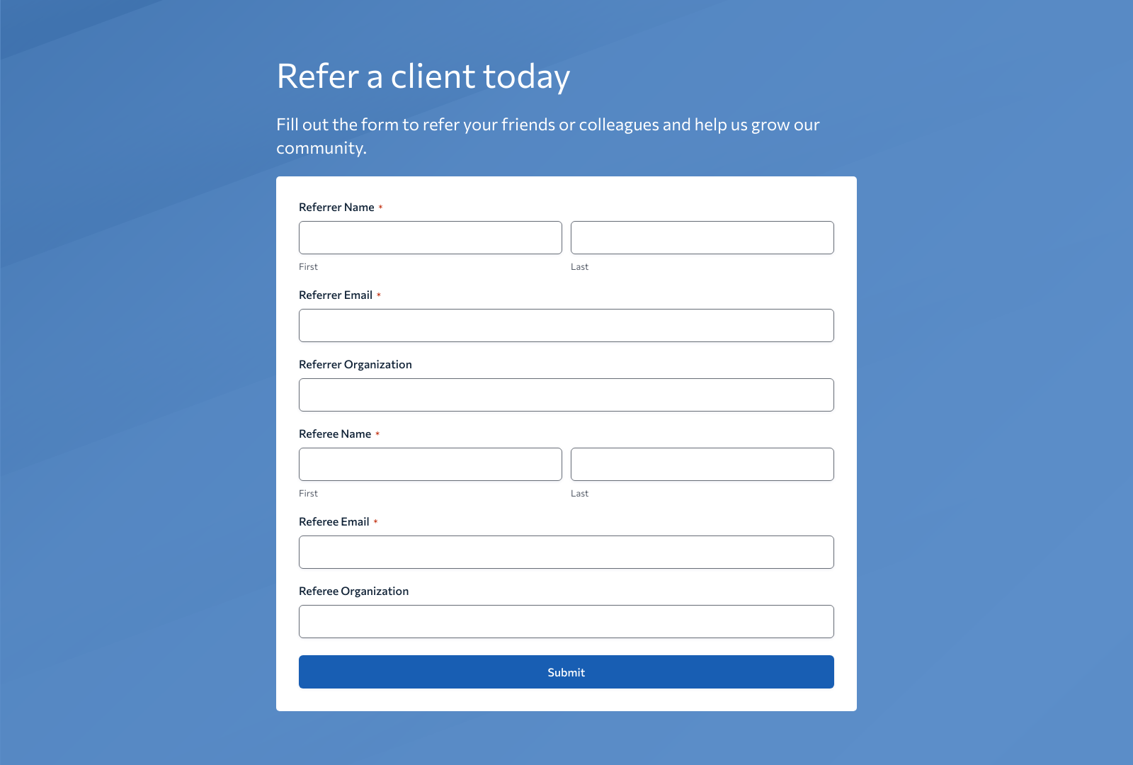 Client Referral Form Template showing fields for client details, referral information, and submit button.