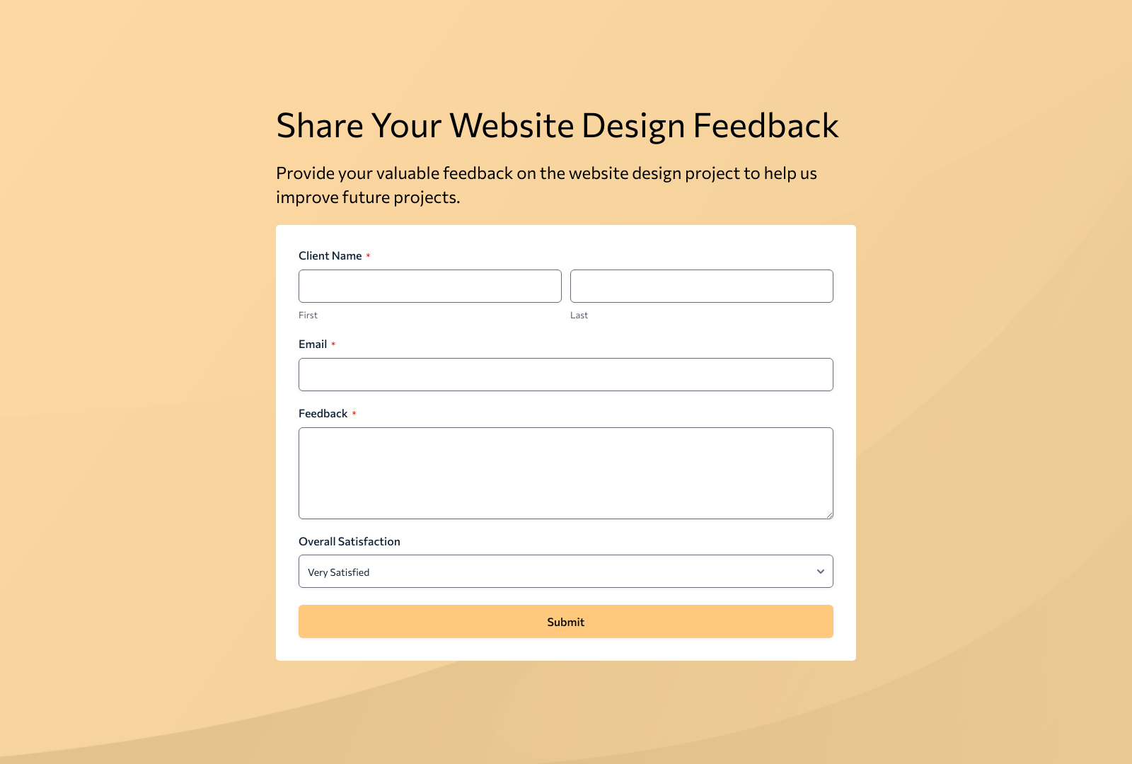 Client Website Design Feedback Form Template showing input fields for client details and feedback.