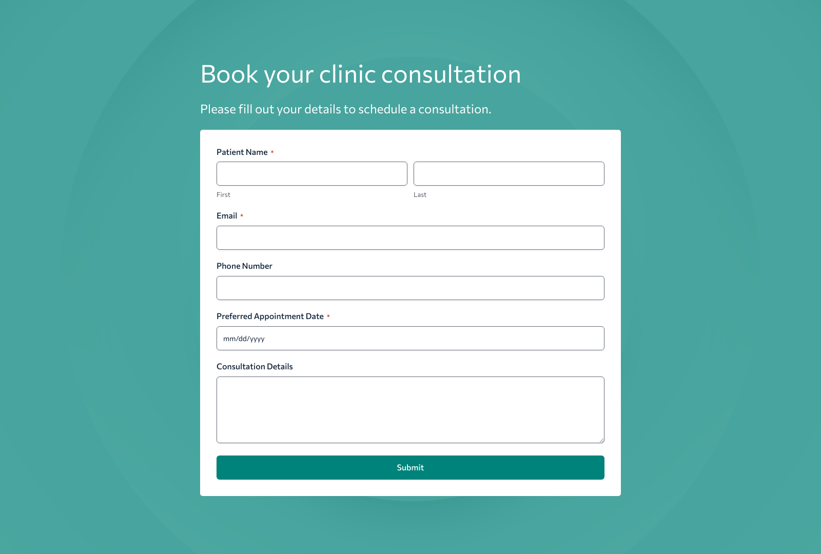 Screenshot of Clinic Consultation Form Template showing fields for patient details and appointment preferences.