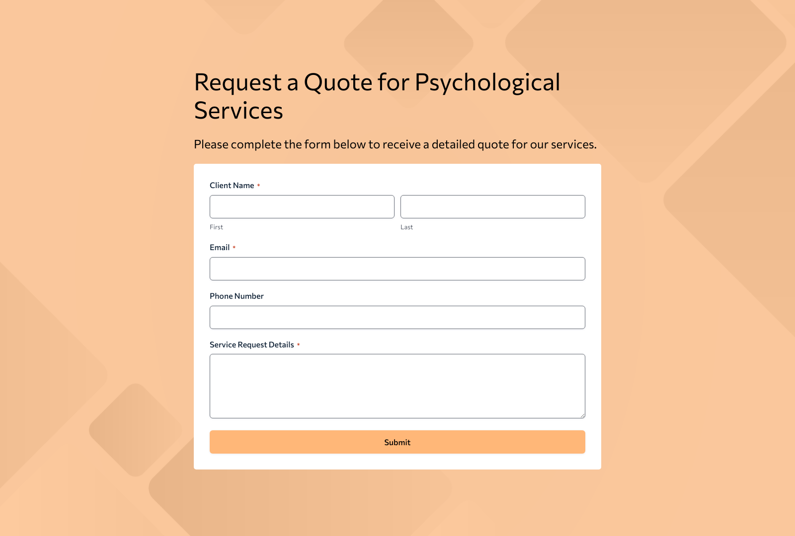 Clinical Psychologist Quote Form Template with input fields and submit button for client info.
