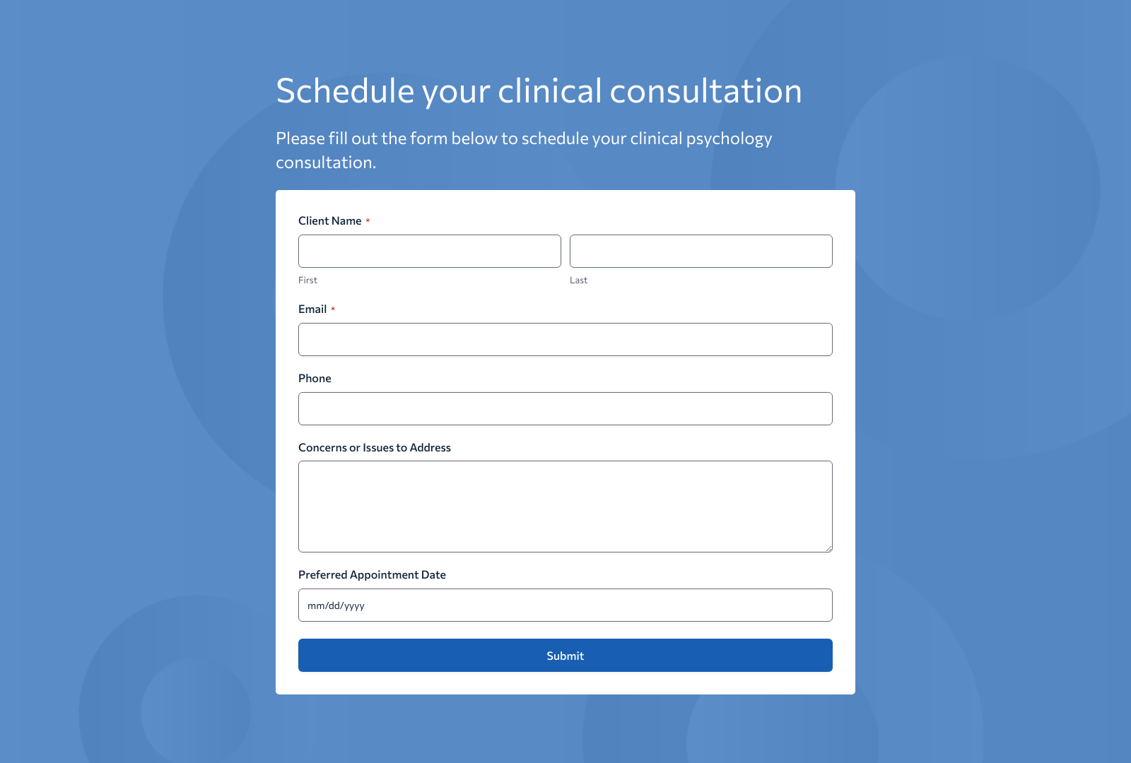 Clinical Psychology Consultation Form Template showing fields for client information and consultation details.