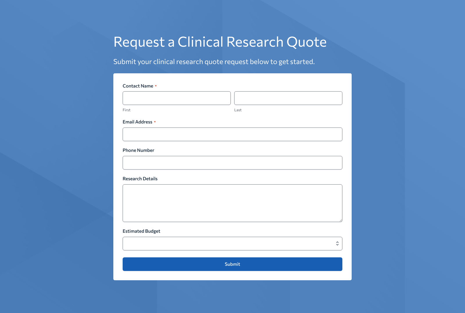Clinical Research Quote Form Template showing input fields for name, contact, and research details.