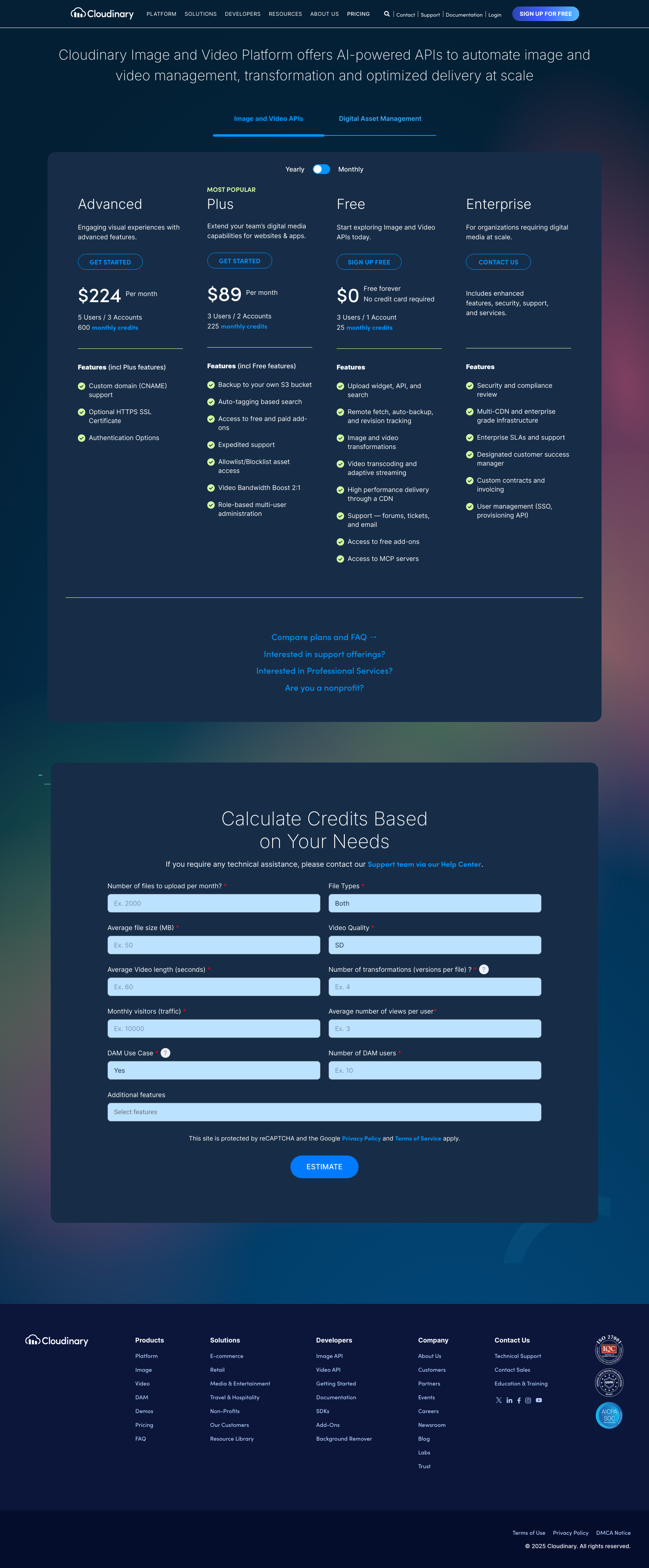 Cloudinary Pricing Landing Page Example