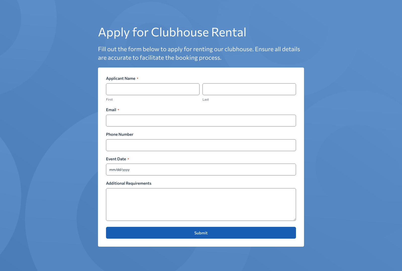 Screenshot of Clubhouse Rental Application Form Template with fields for personal details and rental preferences.