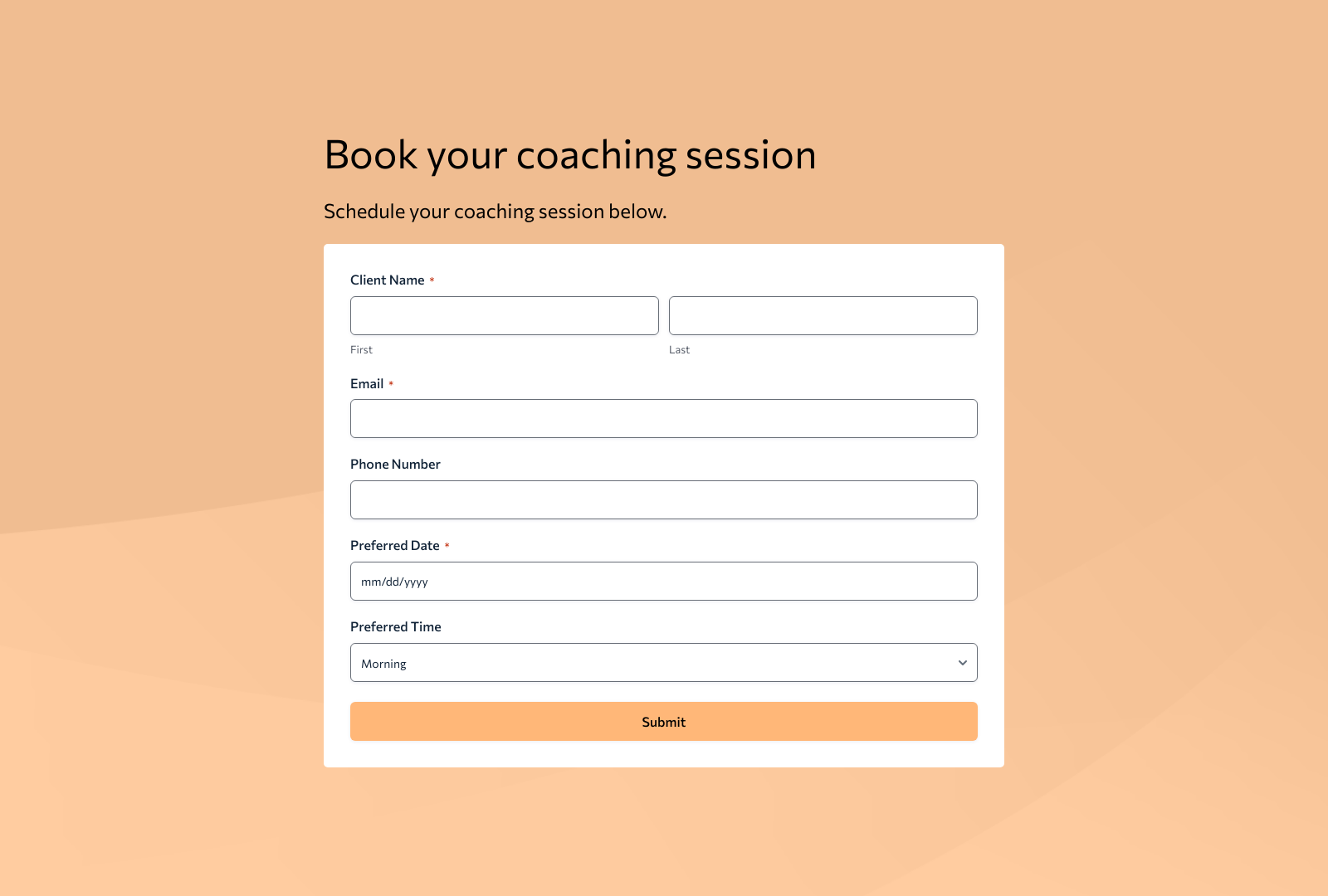 Coaching Booking Form Template with fields for client details and session scheduling.