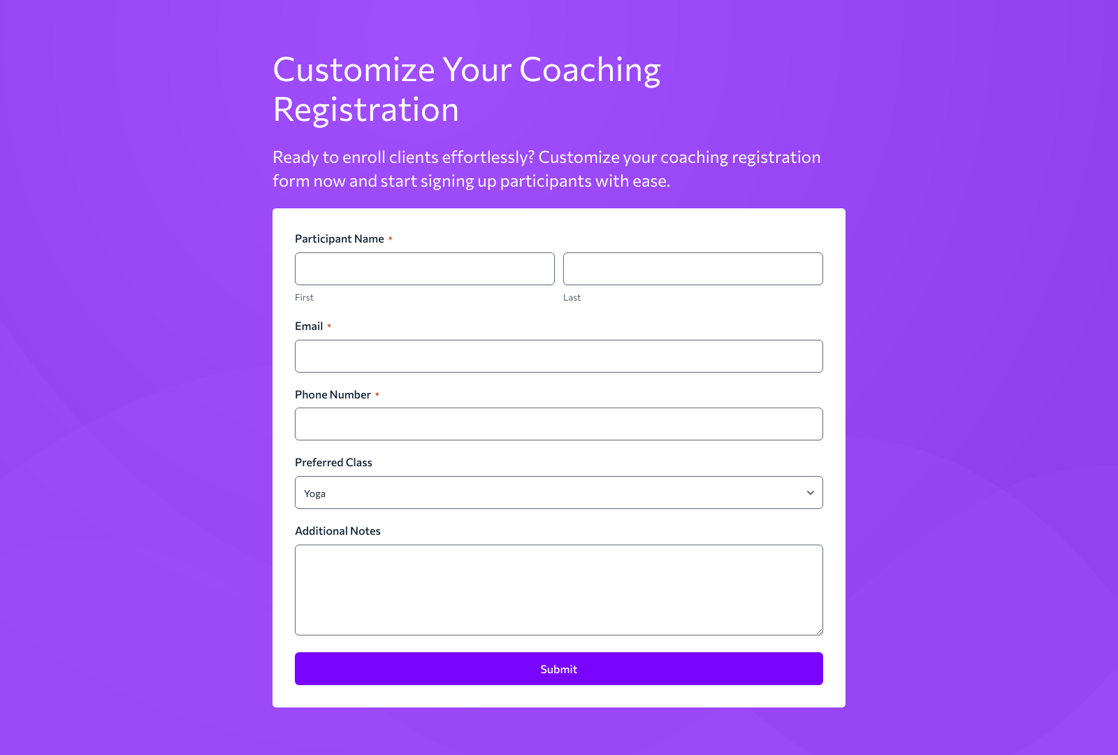 Screenshot of a Coaching Registration Form Template showing fields for name, email, and class selection.