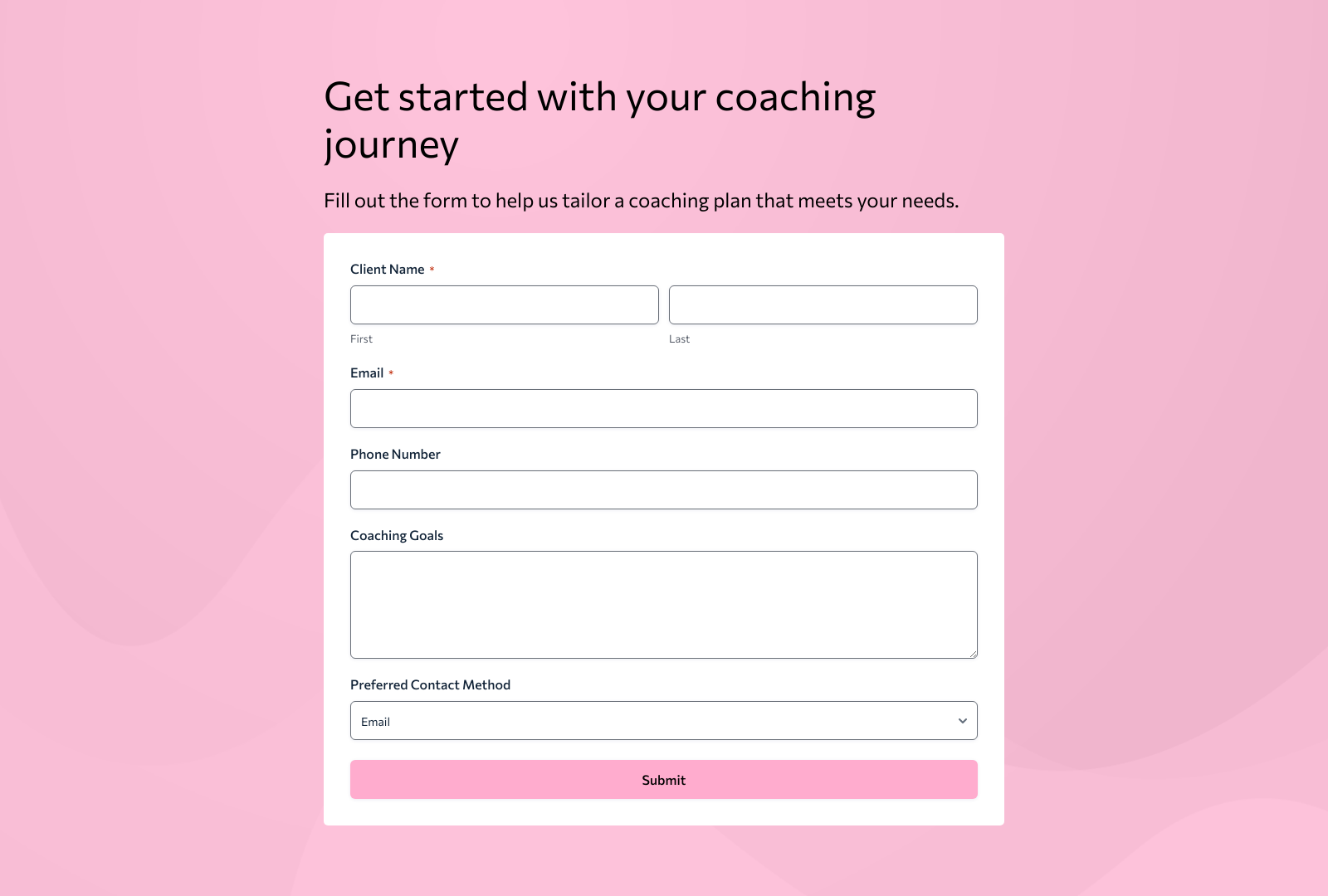 Screenshot of Coaching Services Onboarding Form Template with fields for client details and submit button.